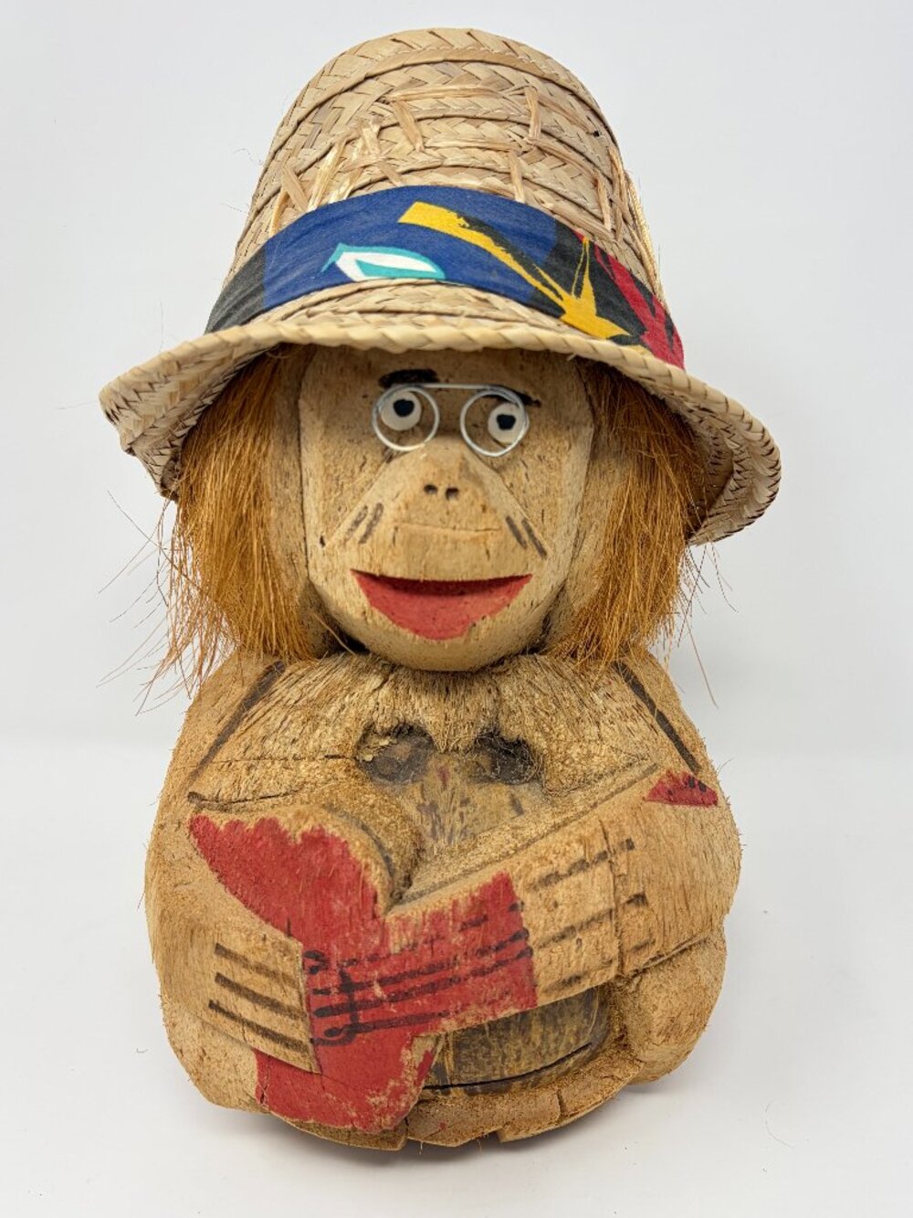 Vintage Hawaiian Coconut Monkey Hand Carved Tiki Bar Decor Guitar Glasses & Hat
